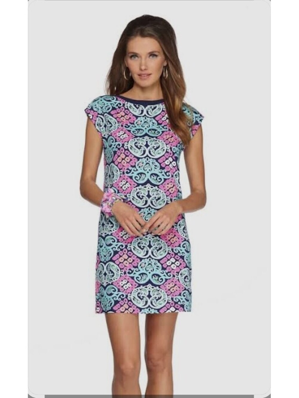Lilly Pulitzer Dress S Behind The Gates Robyn Mini Pnk Blu Gld Studs Pima Cotton